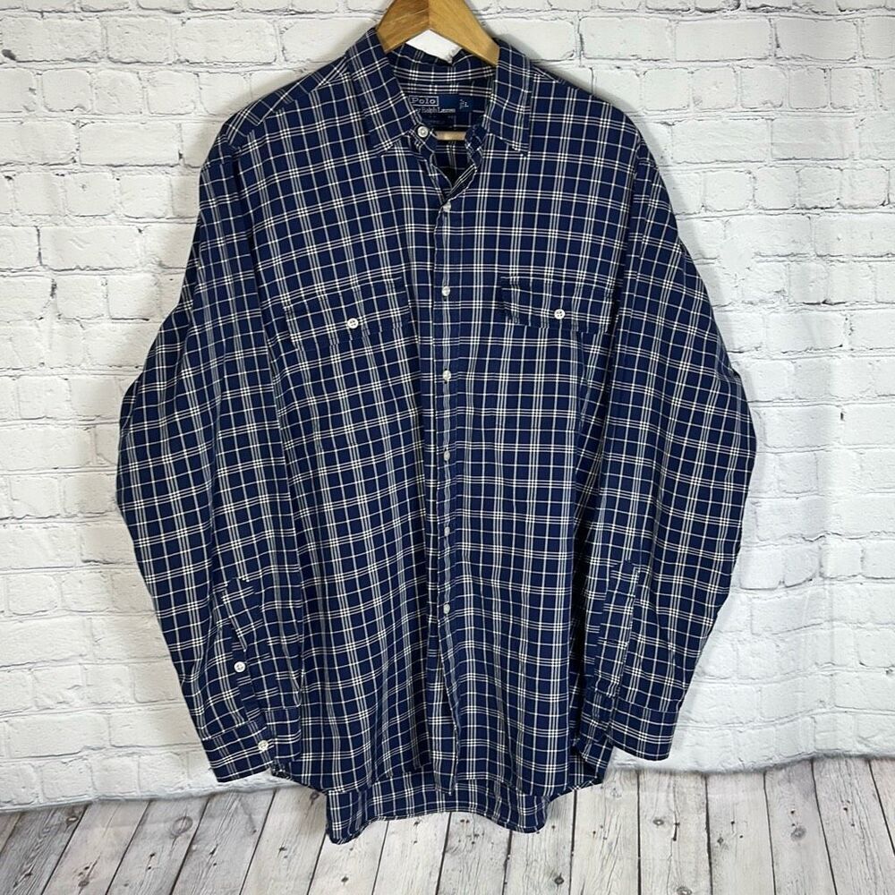 Vtg Polo Ralph Lauren Whitfield Shirt Men's L Navy Long Sleeve Button Up Plaid